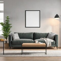 modern living room with sofa, picture mockup on the wall