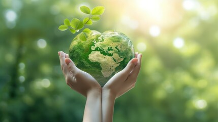 Fototapeta na wymiar World environment day concept: Two human hands holding earth globe and heart shape of tree over blurred nature background.