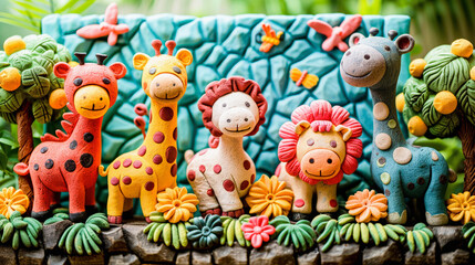 Fototapeta na wymiar Colorful ceramic animal figurines featuring giraffes, a lion, and a hippo displayed amidst a decorative plant-themed backdrop.