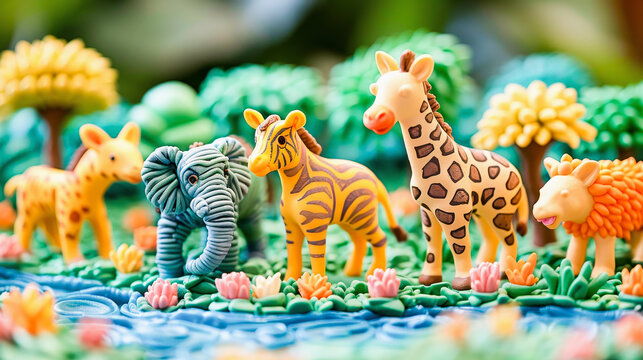 Colorful fondant animal figures resembling a zebra, elephant, giraffe, and lion, crafted for cake decoration, displayed on a floral background.