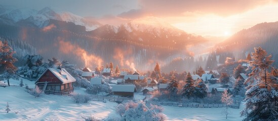 Serene SnowCovered Village Basks in Glowing Sunset Hues - obrazy, fototapety, plakaty
