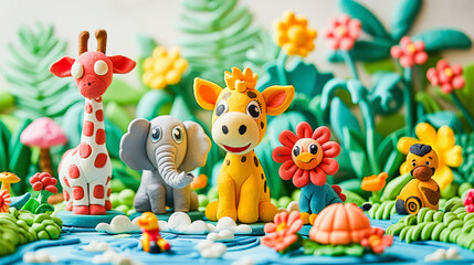 Colorful fondant jungle animals, including a giraffe, elephant, and lion, on a cake with a tropical flora backdrop.