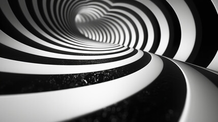 Abstract black and white spiral pattern creating an optical illusion of depth and movement. Hypnotic, mesmerizing monochrome art.