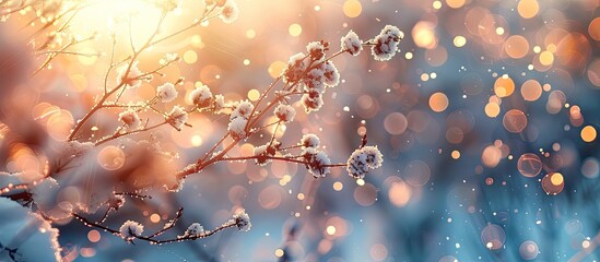 Snowladen Branches Bask in Tranquil Sunset Bokeh Light