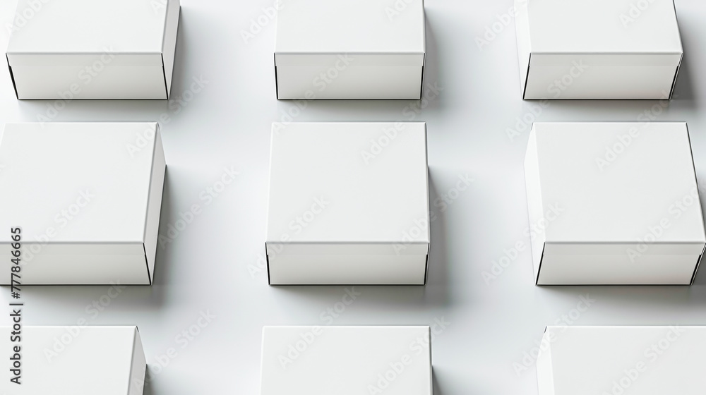 Poster 3d rendering of several white, blank boxes arranged on a plain surface, possibly representing produc