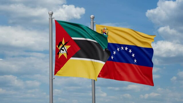 Venezuela and Mozambique two flags waving together, looped video