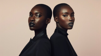 Two black models stand back to back each clad in sleek and tailored suits. With sharp lines and neutral colors their outfits challenge the traditional notion of mens and womens fashion .