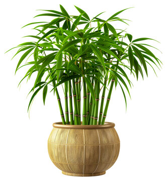 A tall bamboo plant is in a large pot, cut out - stock png.