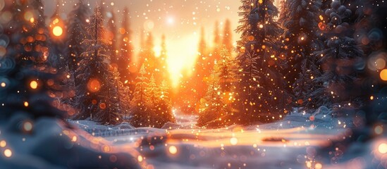 Breathtaking Sunset Painting SnowCovered Forest in Warm Hues