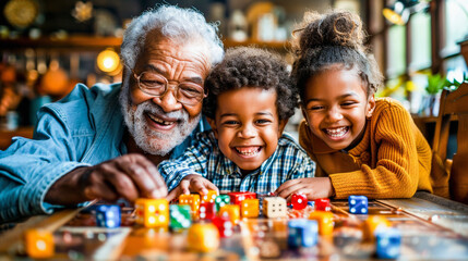 A joyful grandfather playing a board game with his two grandchildren, showcasing colorful dice and a happy, multigenerational family moment. - obrazy, fototapety, plakaty