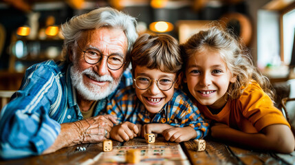 Elderly man with glasses and white hair happily playing board games with two young children, a boy and a girl, indoors.