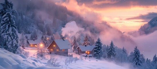 Serene SnowCovered Village Basks in Bokeh Sunset Hues