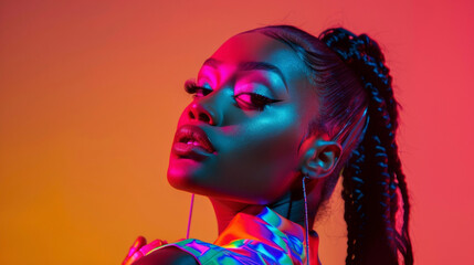 Against a monochrome background a stunning black woman stands out in her rainbowtoned monochrome outfit. The colored lights highlight her beauty and bring a fun and eyecatching element .