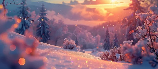 Gardinen Pastel Sunset Bokeh Light Illuminating SnowCovered Valley © Sittichok