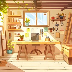 Sunny Home Office with Plants, Generative AI