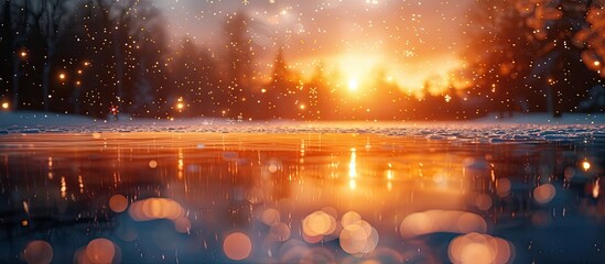 Tranquil Winter Sunset Bokeh Light Blur Reflecting Off Icy Pond Surface Amidst Gently Falling Snowflakes