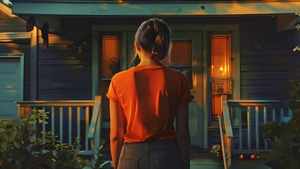 Pushing towards the back of a woman with a pony tail looking at a house she just bought with regret