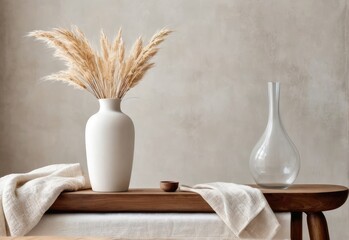 Modern white ceramic vase with dried Lagurus ovatus grass and marble tray in Scandinavian Interior.