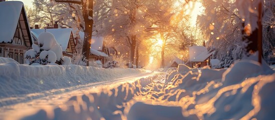 Bokeh Sunset Illuminates Snowy Village Square with Romantic Atmosphere