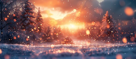 Magical Winter Sunset A Bokeh Light Blurstyle Ethereal Glow Peeking Through Snowladen Clouds - obrazy, fototapety, plakaty