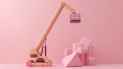 Boom lift icon, 3D render clay style, Abstract geometric shape theme, studio short, pastel , isolated on pastel  background