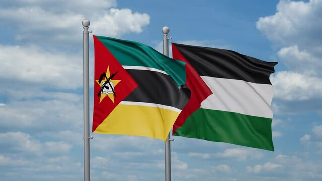 Palestine and Gaza Strip and Mozambique two flags waving together on blue sky, looped video