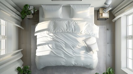 Elegant bedroom with white duvet and sheets, top view