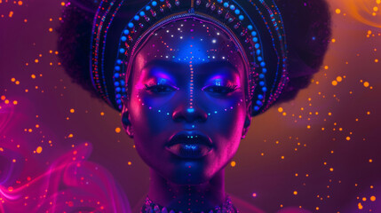 A futuristic goddess with dark skin and vibrant purple hair stands tall against a backdrop of ling stars and neon lights. Her elaborate headpiece and ornate garments draw from African .