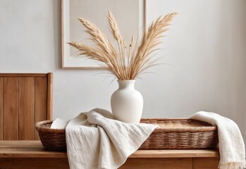 Modern white ceramic vase with dried Lagurus ovatus grass and marble tray in Scandinavian Interior. - obrazy, fototapety, plakaty