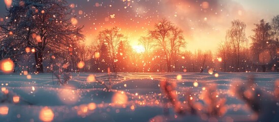Golden Sunset Bokeh Light Bathing Snowcovered Meadow in Romantic Atmosphere