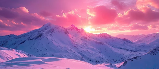 Deurstickers Breathtaking Bokeh Sunset Painting SnowCovered Mountains with Radiant Pink and Purple Shades © Sittichok