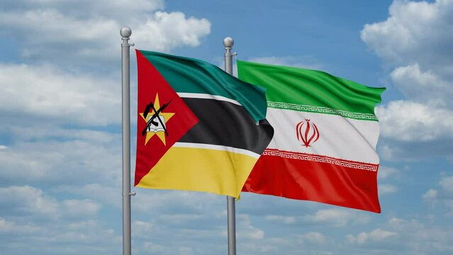 Iran and Mozambique two flags waving together on blue sky, looped video