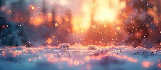 Bokeh Light Blur Sunset Casts Ethereal Glow Over Winter Scenery - obrazy, fototapety, plakaty