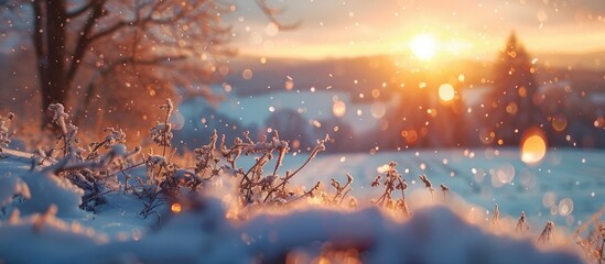 Ethereal Sunset Bokeh Glow Transforms SnowCovered Countryside into a Tranquil Winter Scene - obrazy, fototapety, plakaty