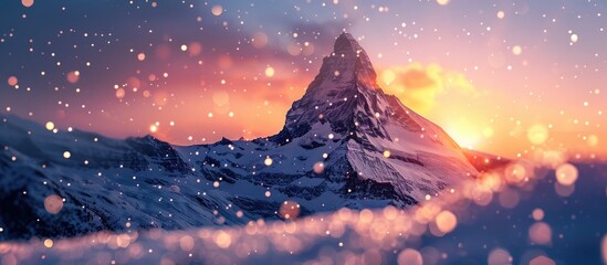 Dreamy Sunset Hues Illuminating Snowy Mountain Peak in Bokeh Blur Style