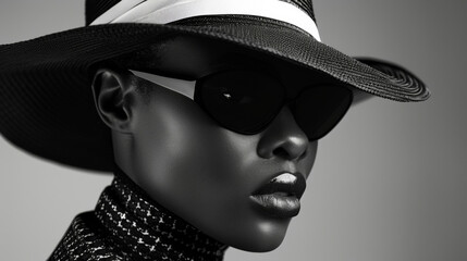 In a sea of black and white a fashionable black woman commands attention with her bold avantgarde ensemble. The sharp lines and contrasting textures of her outfit create a mesmerizing .