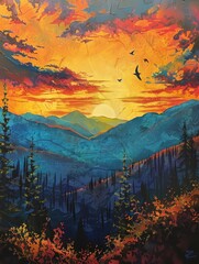 Lush forest at sunset with vibrant sky and birds - A picturesque forest landscape glowing under a sunset sky painted with clouds and hues of orange and red - obrazy, fototapety, plakaty