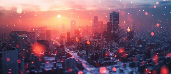 Warm Sunset Hues Illuminating Snowy Cityscape at Dusk - obrazy, fototapety, plakaty