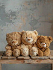 Three adorable plush teddy bears on wooden bench - Perfect for gifting, these cute and fluffy teddy bears sit in a row on a rustic wooden bench, exuding warmth and comfort
