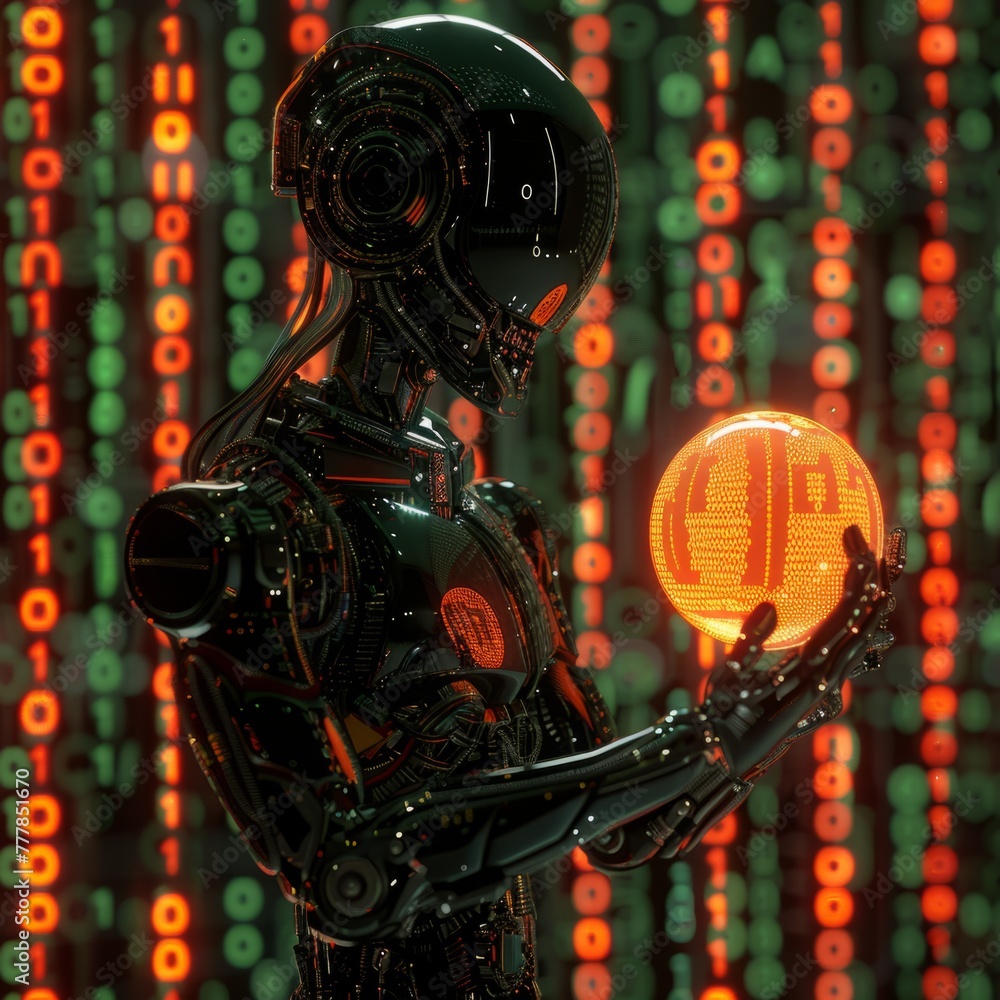 Poster futuristic robot holding a glowing bitcoin - a highly detailed image of a humanoid robot holding a b