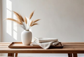 Modern white ceramic vase with dried Lagurus ovatus grass and marble tray in Scandinavian Interior.