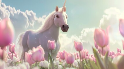 In a whimsical scene, a close-up captures a white unicorn surrounded by fluffy clouds, Minimalistic tulips add a pop of turquoise, creating a dreamy atmosphere of innocence and magic