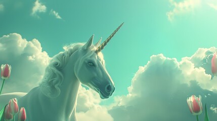 In a whimsical scene, a close-up captures a white unicorn surrounded by fluffy clouds, Minimalistic tulips add a pop of turquoise, creating a dreamy atmosphere of innocence and magic - obrazy, fototapety, plakaty