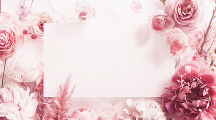 Elegant floral background with a blank white card for text, surrounded by pastel pink and white flowers and feathers.