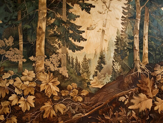 A wood carving of a forest scene with trees and leaves