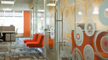 Creativity and privacy are combined in the designated quiet room where frosted glass partitions are adorned with inspirational quotes and designs. The frosted glass allows for a peaceful .