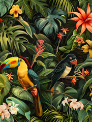 Obraz premium A tropical forest scene with two birds, one of which is a toucan. The birds are perched on branches and surrounded by lush green foliage. Concept of tranquility and natural beauty