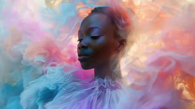 An ethereal image of a black woman adorned in cascading layers of pastelcolored tulle creating a dreamy and otherworldly effect. The background is a blend of soft blurred colors symbolizing .