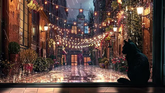 Cat sitting at window watching rain fall onto cobblestone street with string lights for obs livestream overlays animated seamless loop video