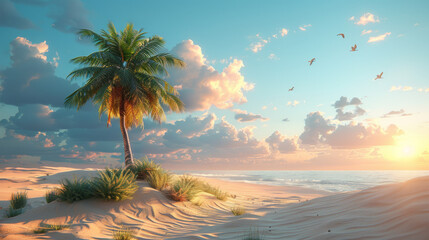 illustration of desert with palm tree in day light with Birds flying in Dune coloring. - Powered by Adobe